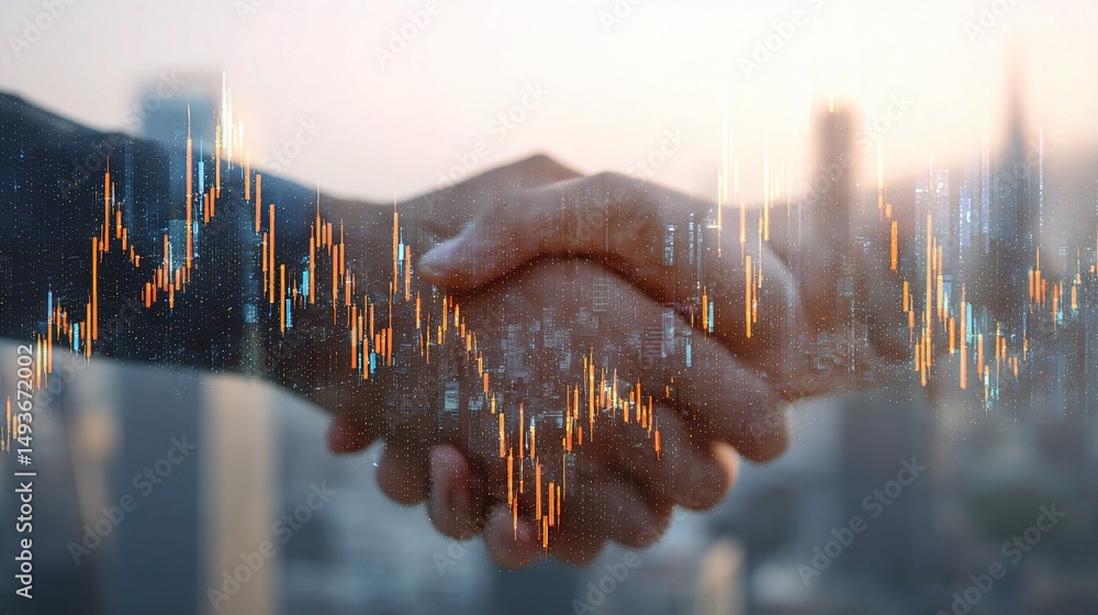 Aufkleber digital handshake with augmented reality candlestick chart overlay