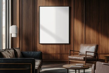 Empty framed canvas on dark wood wall in a modern room
