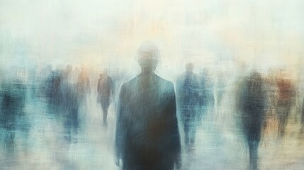 Abstract painting of people walking in a misty environment