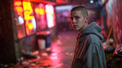 Fototapeta premium Serious Teenage Boy With Buzzed Haircut in Gray Military Hoodie on Rainy Urban Street at Night
