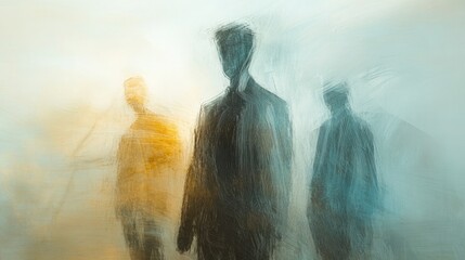 Abstract painting of three figures in suits, blurred and textured