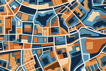 Abstract city map illustration displaying buildings and road networks in graphic style