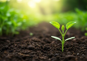 Fototapeta premium Young Sprout Growing in Soil - A single green sprout emerges from dark soil, surrounded by blurred greenery. Sunlight shines from behind