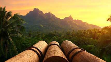Tropical Landscape with Logs: Golden Sunset Over Jungle Mountains and Palm Trees, a Peaceful Nature Escape.