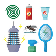 Mosquito control products set. Flat vector illustration of mosquito repellent, electric racket, spray, repellent cream and mosquito or fly killer lamp also spiral repellent coils. 
