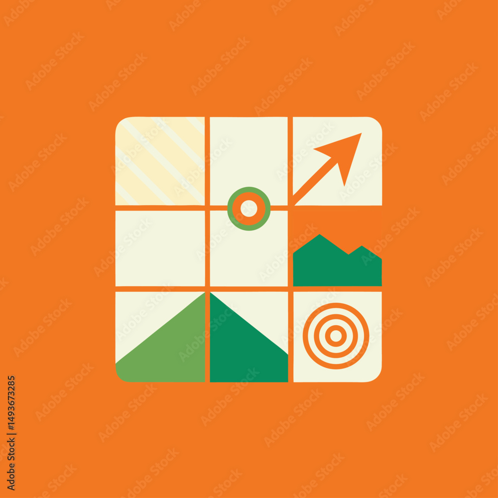 Poster abstract colorful grid design with arrow and geometric shapes on an orange background