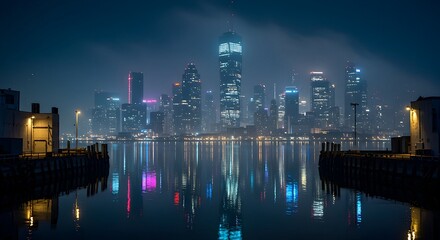 Naklejka premium City Skyline Reflection at Night in Calm Water with Fog