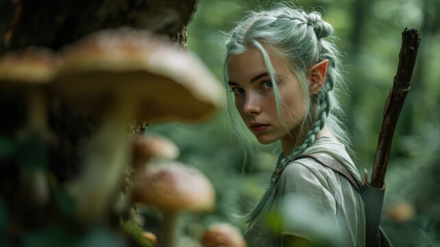 Shy Forest Elf with Pale Green Hair Tied in Braids Surrounded by Mushrooms in Enchanted Forest
