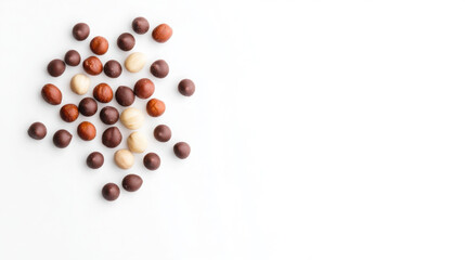 Assorted chocolate and nut confectionery on white background for gourmet design