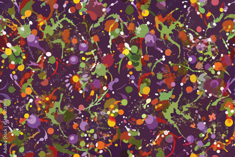Poster abstract colorful splatters on a dark purple background with transparent elements