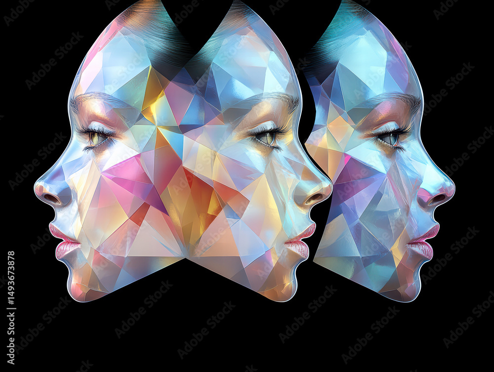 Poster geometric portraits: a trio of abstract faces shimmer with a prism of colours, suggesting themes of 