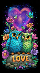 Obraz premium Psychedelic Owls In Love: Floral Galaxy Art