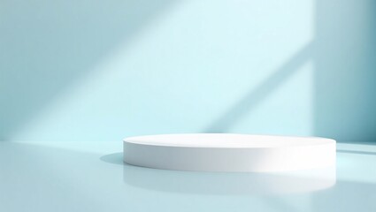 Minimalist White Cylindrical Podium on Glossy Pastel Blue Background with Soft Lighting for Product Display
