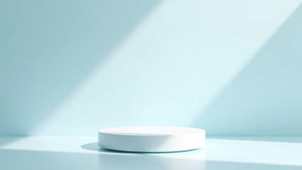 Minimalist White Cylindrical Podium on Glossy Pastel Blue Background with Soft Lighting for Product Display