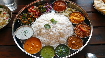 A comprehensive platter of various Indian dishes.