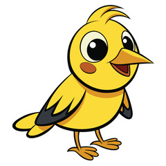 Cheerful yellow cartoon bird is depicted with bright eyes and happy expression