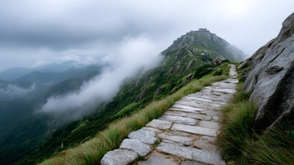 Tranquil mountain scene with clouds flowing over stone path leading to temple