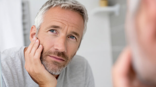 Contemplative man looking at reflection in bathroom mirror - Powered by Adobe