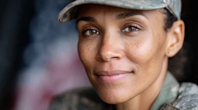 Portrait of a smiling female veteran in uniform against blurred american flag background
