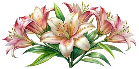 Watercolor painting of a beautiful bouquet of lilies on a white background