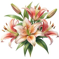 Elegant Watercolor Lilies Blossom in Peach and Pink Floral Arrangement on White