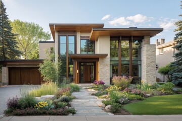 Modern residence with architectural details, wood accents, expansive windows, stone features, and inviting landscaping