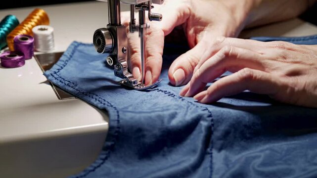 Close-up video of hands sewing blue fabric on a machine, showcasing detailed craftsmanship from a side angle with vibrant thread spools.