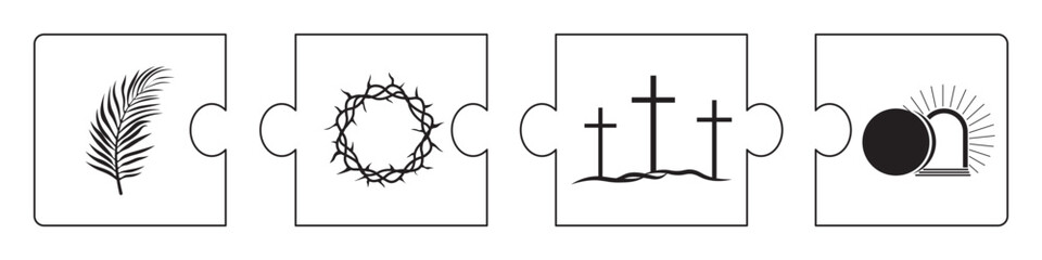 Biblical vector illustration series. Puzzle Easter story. Chronology of events. Jesus entry into Jerusalem, suffering, death, resurrection.