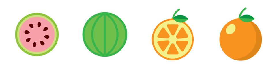 Cute cartoon set of tropical fruits including watermelon slices and orange