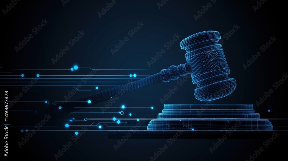 Poster digital justice system with a glowing gavel, artificial intelligence and legal technology in a high-