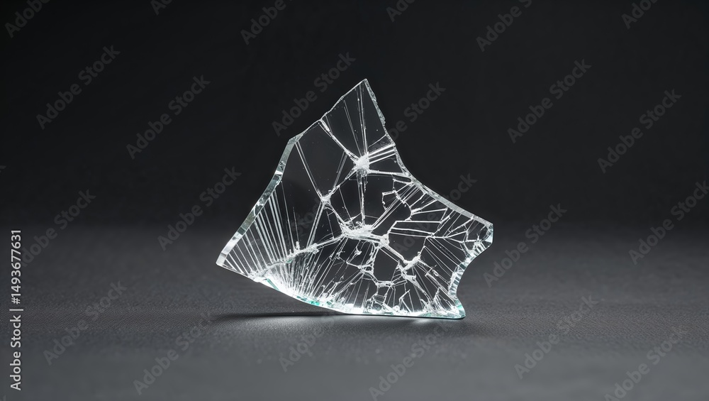Poster shattered glass fragment displaying intricate patterns and sharp edges on a dark surface