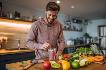 Fototapeta premium Healthy Living: Man Prepares Fresh Smoothie in Kitchen with Abundance of Colorful Fruits and Vegetables for Wellness