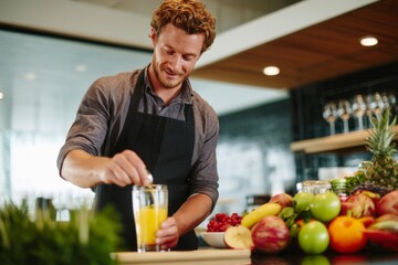 Caucasian man mixing ingredients with spoon into a glass of fresh fruit juice for a healthy beverage creation in kitchen.