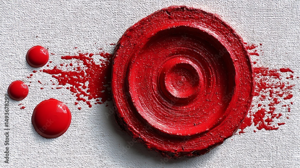 Poster abstract red circle texture on white background, artistic circular design with glossy paint splatter