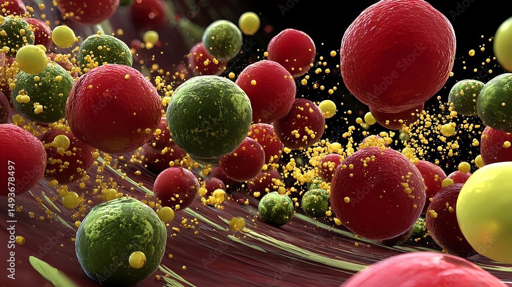 Poster abstract spheres with small particles: a colorful spherical collection displaying red, green, and ye