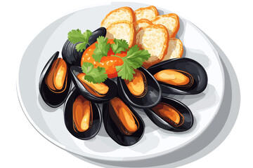 Delicious mussel dish with bread and herbs