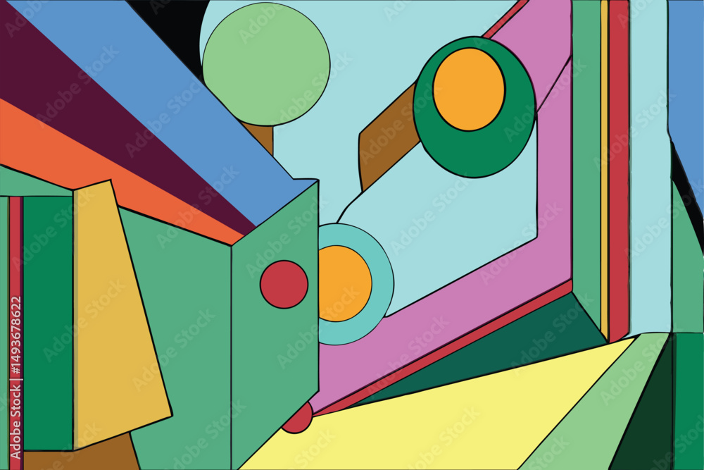Poster abstract geometric composition in vivid colors with bold lines and shape interaction