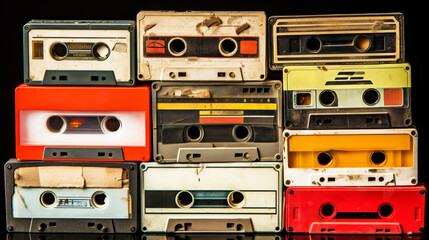 Collection of Vintage Audio Cassette Tapes, Retro Music Technology, Close Up on Black Background