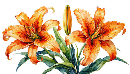 a vibrant watercolor painting depicts three orange tiger lilies in full bloom with detailed petals and lush green leaves.