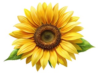 Naklejka premium Beautiful Sunflower with Vibrant Yellow Petals and Green Leaves on White Background