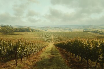 Naklejka premium Misty Vineyard Landscape with Rolling Hills and Soft Light