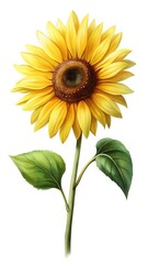 Fototapeta premium Beautiful single sunflower with yellow petals and vibrant green leaves image