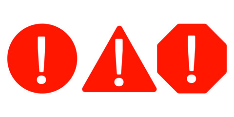 Red Warning Sign Icons Set - Circle, Triangle, Octagon with Exclamation Mark