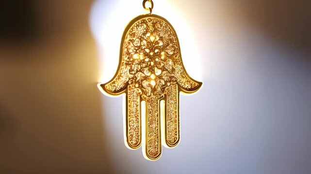 Hamsa hand amulet hanging, ornate golden design, religion, protection, faith, spirituality, Jewish and Muslim symbol, on neutral background, soft glow