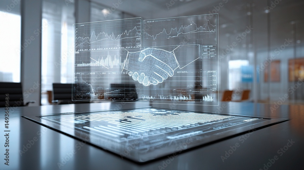 Poster futuristic financial dashboard with data visualization and handshake