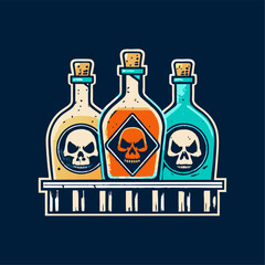 Three poison bottles with skulls on a rustic shelf