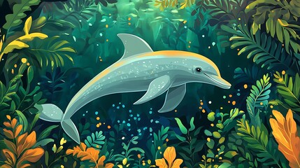 Gentle dolphin swimming in a lush underwater scene.