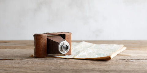 Vintage folding camera rests on an old map on a wooden surface. Nostalgia, travel, exploration, and photography
