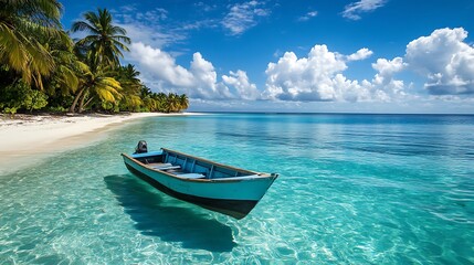 Tropical beach scene with a small boat.