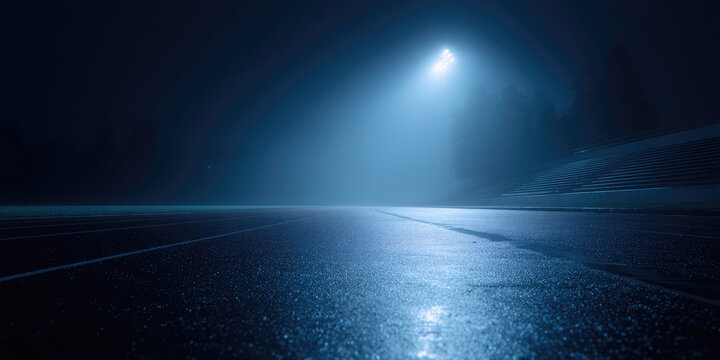 Dark, wet track illuminated by a single streetlight in a foggy environment. Moody nighttime atmosphere, solitude, reflection, quietness